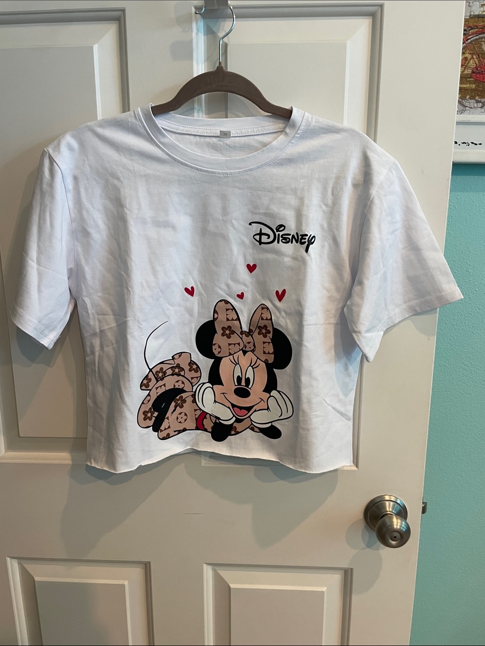 Disney White Minnie Mouse Graphic Crop Tee with Pink Accents